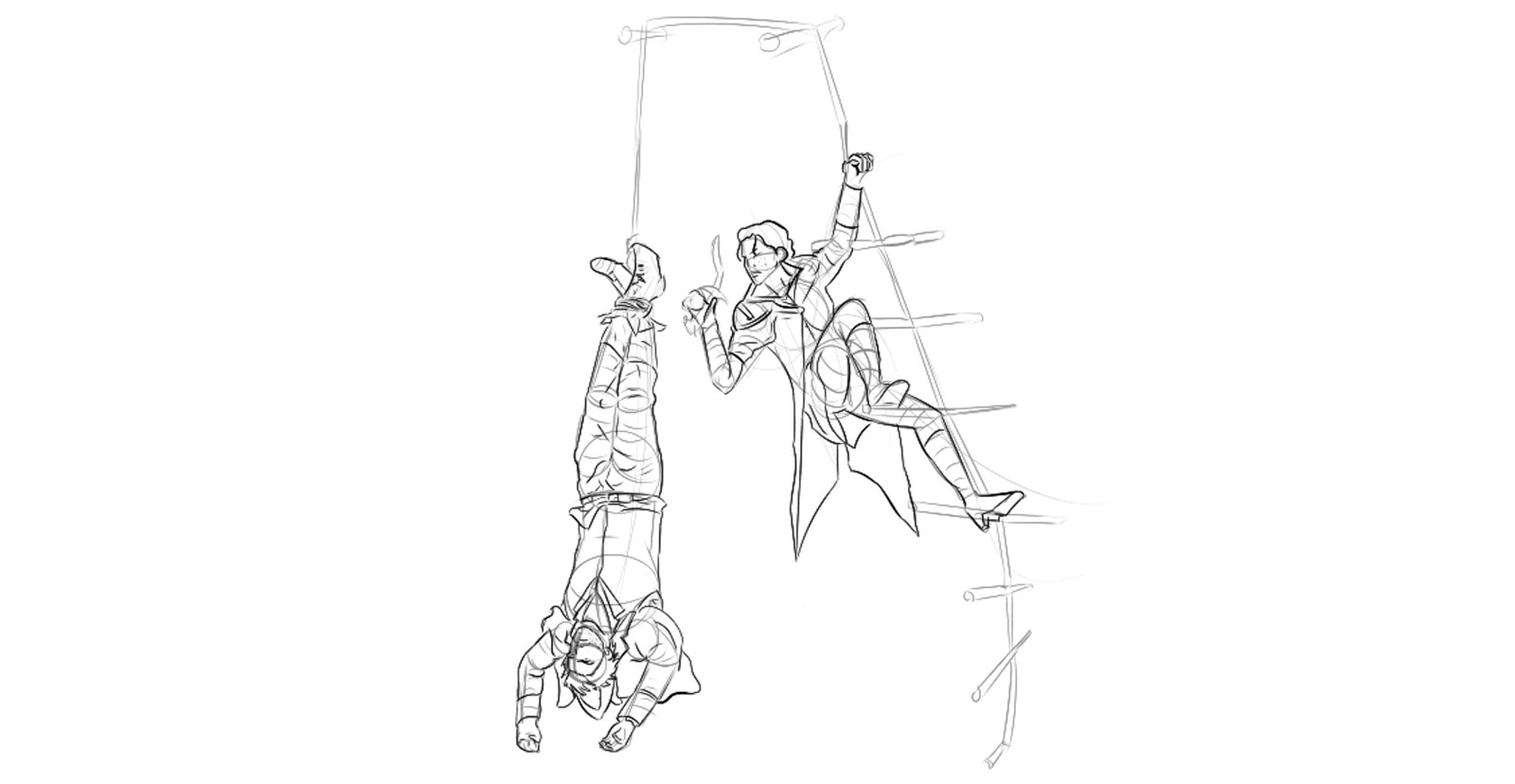 Loose action drawing of three figures on ropes