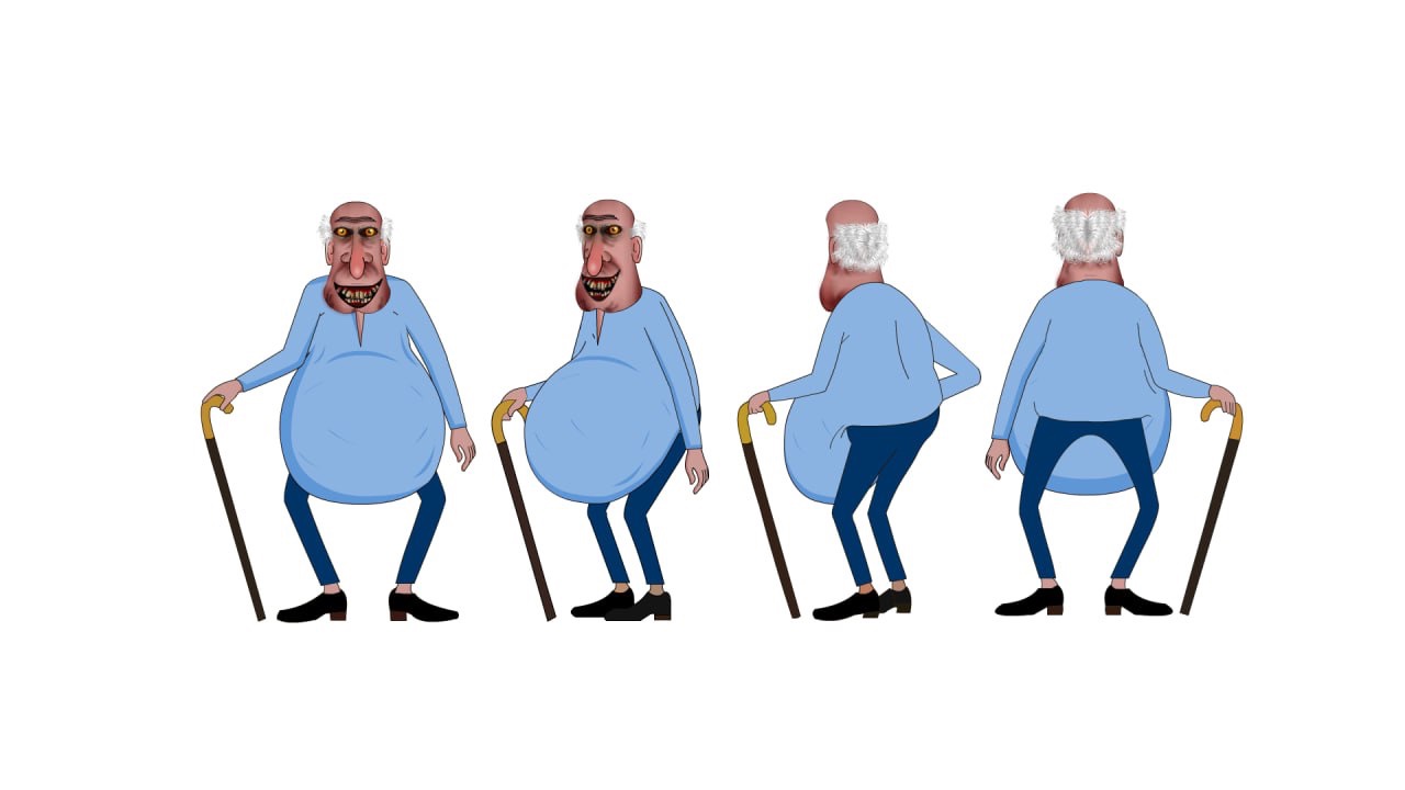 Elderly antagonist turnaround with a walking stick