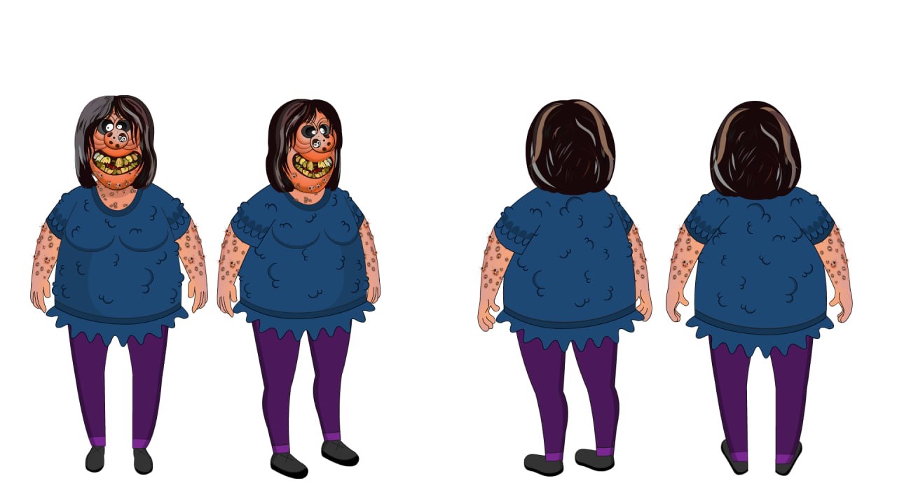 Female antagonist turnaround shown from front, side, and back