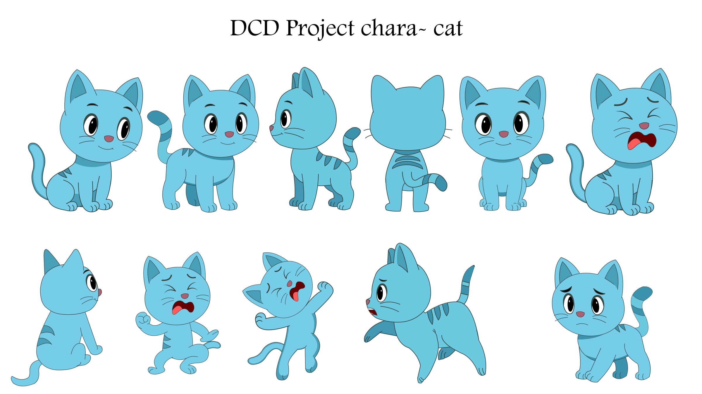 Blue cat character poses and turnaround sheet
