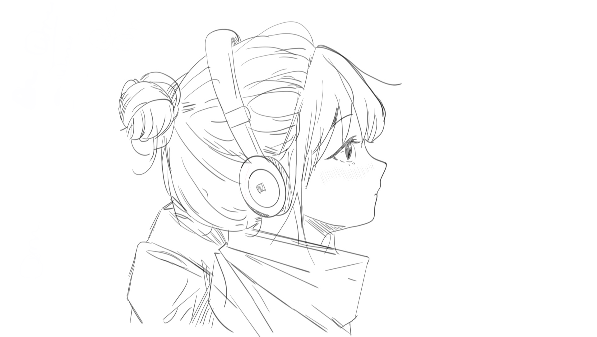 Pencil-style character drawing of a girl wearing headphones