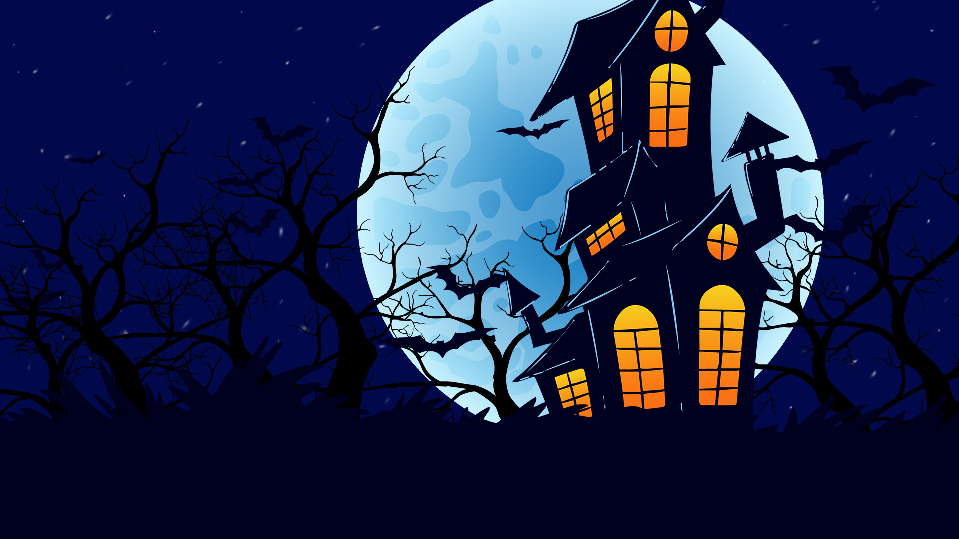 Moonlit illustrated house surrounded by purple trees