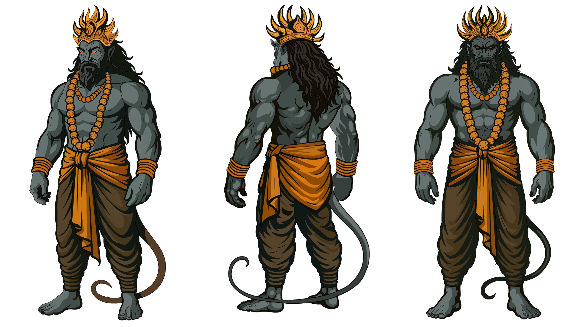 Grey and orange villain character shown from three angles