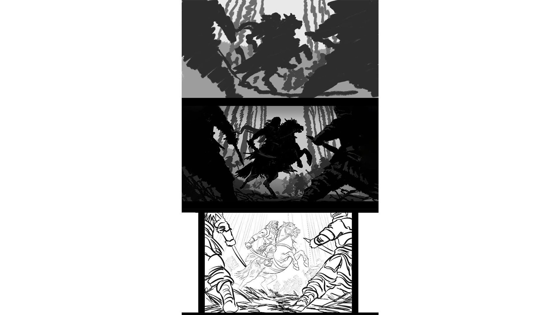 Three-stage monochrome action composition study