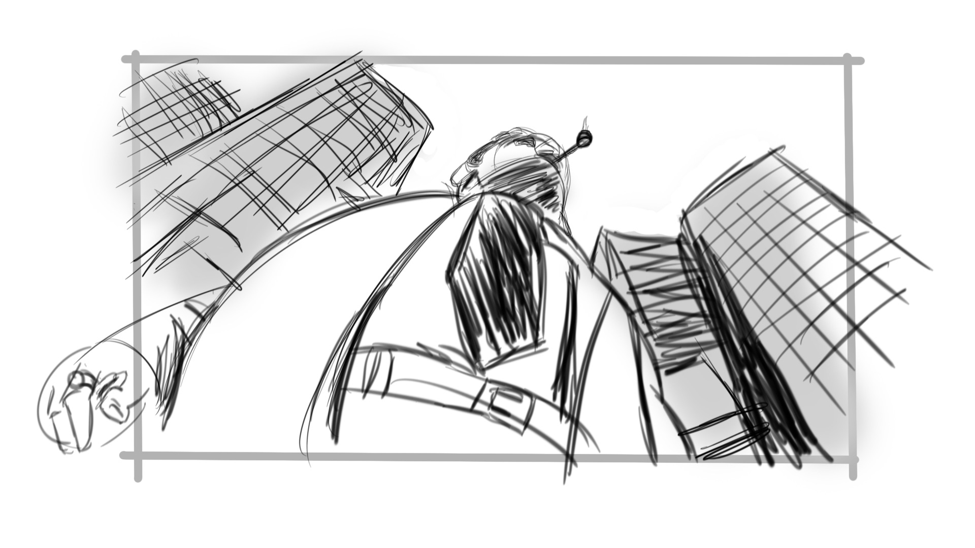 Rough low-angle storyboard drawing in an urban setting